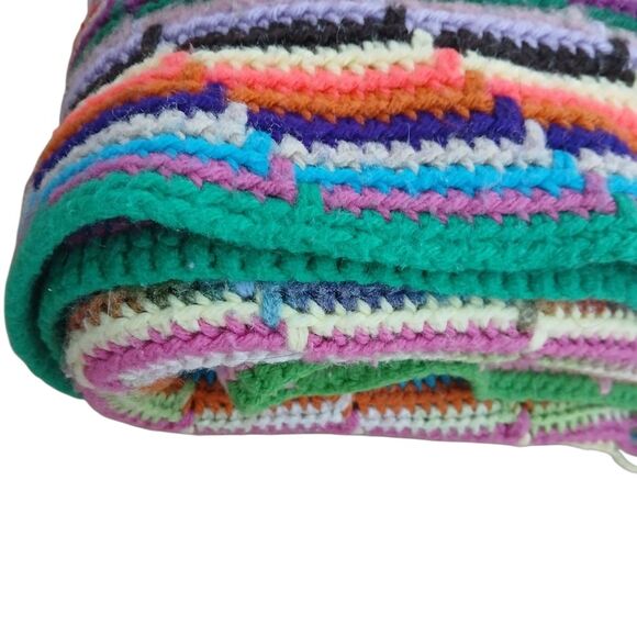 1980's Crochet Afghan Blanket Retro Rainbow Throw Fringe Ends Upcycled 67" x 52" - Picture 9 of 14